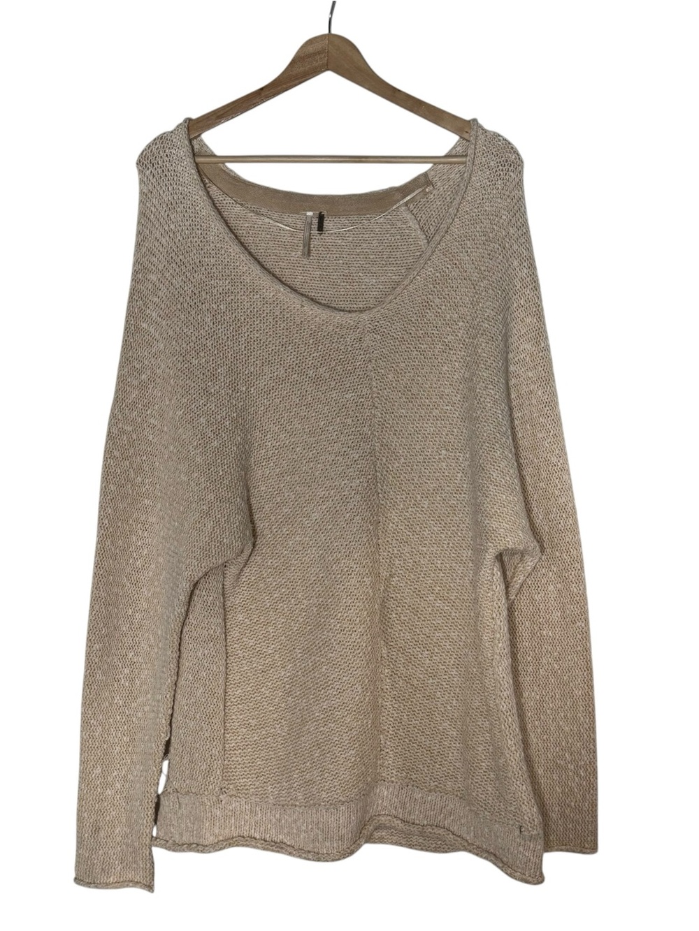 Free People Oversized Knit V Neck Slouchy Pullover Oatmeal Beige Sweater Size L